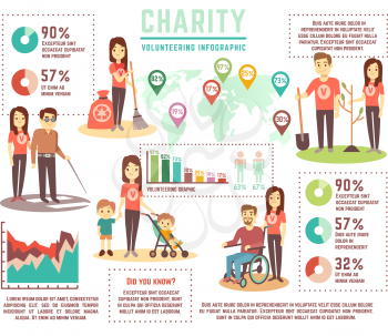 Social help and charity work vector concept. Volunteering infographics. Volunteer and charity, help infographic social illustration
