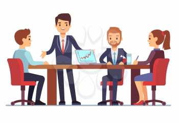 Business meeting in office at conference table with talking businessmen and businesswomen vector illustration. Conference and meeting team, businessman and businesswoman