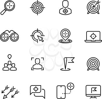 Bullseye, customer focus and targeting line vector icons. Success bullseye, arrow accuracy in dartboard illustration