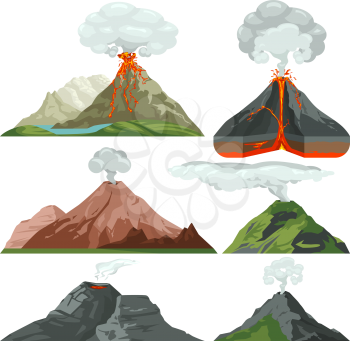 Fired up volcano mountains with magma and hot lava. Volcanic eruption with dust clouds vector set. Volcano with lava, mountain rock volcanic with hot magma illustration