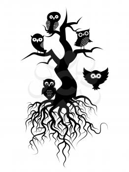 Old tree vector black silhouettes with roots and owls on white illustration
