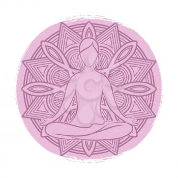 Yoga grunge banner design. Meditation asana silhouette and oriental mandala. Vector illustration