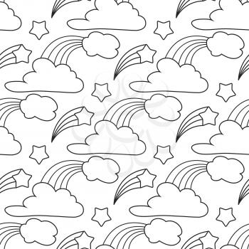 Clouds, stars, rainbow seamless background pattern. Cartoon pattern for kids coloring book. Vector illustration