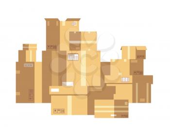 Pile of sealed goods cardboard boxes. Mail box stack isolated. Delivery and cargo vector concept. Illustration of package and cardboard pack, packaging for delivery