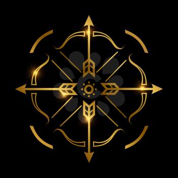 Golden bow and arrows on black background. Archery emblem vector design illustration