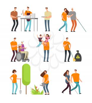 Volunteers help people and clean environment. Cartoon characters for donation, charity and volunteering vector concept. Illustration of volunteer help people, clean and feed