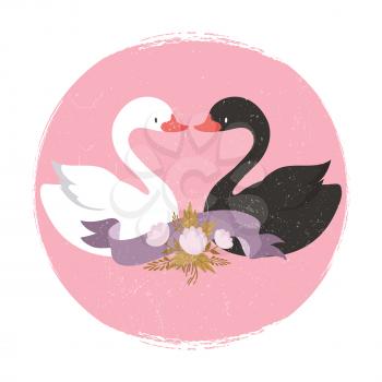 Two cute cartoon character swans in liove banner. Interracial love vector concept illustration