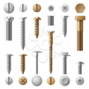 Stainless bolts screws, nuts, fasteners and rivets vector illustration isolated on white background. Rivet and screw bolt, steel element nut