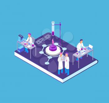 Chemistry, pharmaceutical 3d isometric concept with chemical laboratory equipment and people research scientist vector illustration. Chemical science research, laboratory experiment
