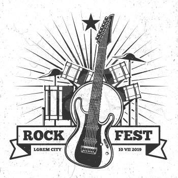 Grunge monochrome rock festival poster and banner design. Hipster music vector emblem illustration
