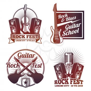 Rock and roll music vector labels. Vintage heavy metal emblems isolated on white background illustration