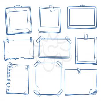 Doodle blank memo, notepaper. Hand drawn school notice and photo frames isolated vector set. Note paper sketch, sheet empty for message illustration