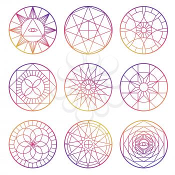 Set of colorful esoteric geometric pentagrams vector design isolated illustration