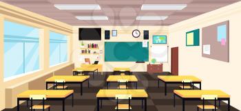 Cartoon empty classroom, high school room interior with desks and blackboard. Education vector concept. Classroom education school, class with table illustration