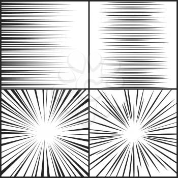 Speed lines, motion strip manga comic horizontal and radial effect vector set. Radial abstract speed line from motion, illustration of drawing radial texture