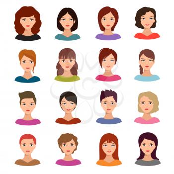 Female portraits. Young woman heads with various hairstyle vector avatars stock. Face woman portrait head illustration