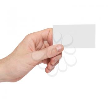 Gray card blank in a hand isolated on white.