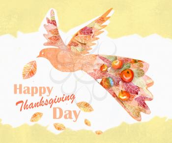 Card for Thanksgiving Day with floral design. Illustration of a flying bird with leaves, red ripe juicy apples and text Happy Thanksgiving Day. Hand drawn thanksgiving greeting image.