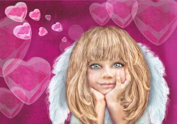 Cute little cupid. Happy smiling cupid girl with blond hair and white wings isolated on a pink background with hearts. Greeting card. St. Valentine day theme. Angel. Love. Holiday background.
