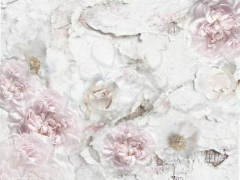 Peonies and roses on cracked wall. Vintage floral pattern - rough background. Grunge design. Flowers decorative framing with space for text.