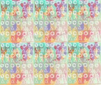 Watercolor blots and geometric shapes. Colorful grunge abstract background with triangles and circles.
