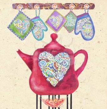 Kitchen love. Beautiful card with red teapot on the fire, hearts and potholders. Cute teapot with abstract multicolored heart on a vintage background. Time for tea or coffee. Valentine kettle.