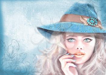 Hand drawn fashion girl illustration. American hippie bohemian boho style. Beautiful young trendy blue eyed blonde hair girl with makeup, wearing summer hat. Light blue grunge background.