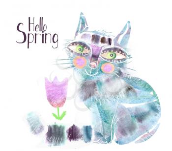 Watercolor spring cat. Illustration of cat and flower isolated on white background.Illustration hello spring.