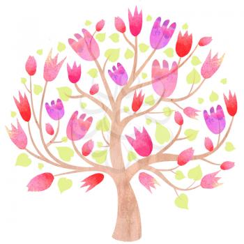 Spring tree with pink tulips on a white background. Easy gentle spring illustration.