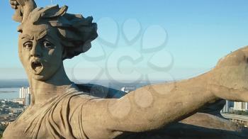 Volgograd, Russia - May 14, 2018: Statue of Motherland in Volgograd. View from the drones close. Victory Monument.