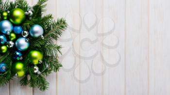 Christmas background with green and blue ornaments. Christmas party decoration. Christmas greeting background. Copy space.