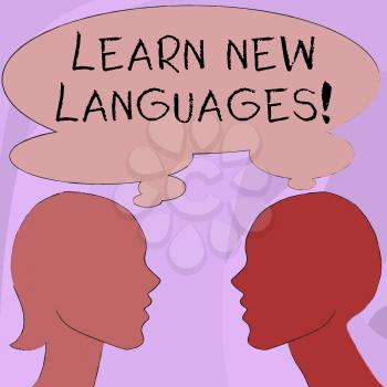 Text sign showing Learn New Languages. Business photo showcasing developing ability to communicate in foreign lang Silhouette Sideview Profile Image of Man and Woman with Shared Thought Bubble