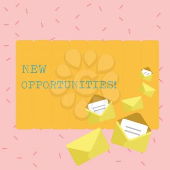 Text sign showing New Opportunities. Business photo showcasing exchange views condition favorable for attainment goal Closed and Open Envelopes with Letter Tucked In on Top of Color Stationery