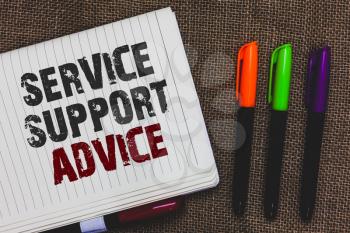 Text sign showing Service Support Advice. Conceptual photo providing help to others in verbal or action way Open notebook page jute background colorful markers Expressing ideas