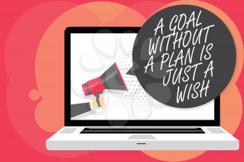 Word writing text A Goal Without A Plan Is Just A Wish. Business concept for Make strategies to reach objectives Man holding Megaphone loudspeaker computer screen talking speech bubble