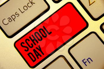 Conceptual hand writing showing School Day. Business photo text starts from seven or eight am to three pm get taught there Keyboard red key create computer computing reflection document