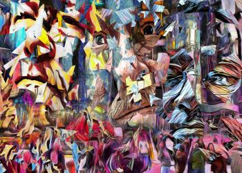 Complex abstract painting. Colorful mosaic elements and pieces of men's faces.