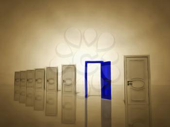 Surrealism. Seven white doors and one blue door symbolizes choice.