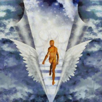 Surreal painting. Naked man walks on a stairs to Heaven. 3D rendering