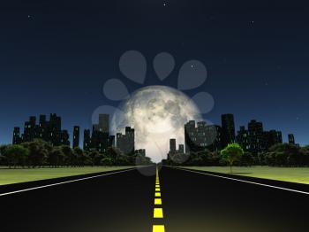 Highway to city with large moon