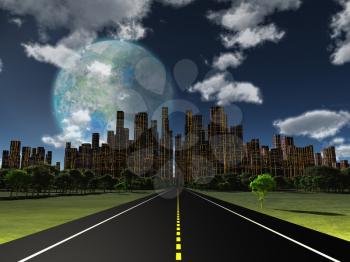 Night roadway to future city. Terraformed moon in the sky. 3D rendering