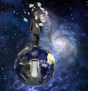 Switch On The Earth. Man in suit stands on planet