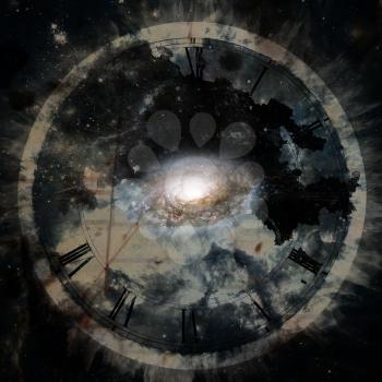 Dark art style. Galaxy and ancient clock face