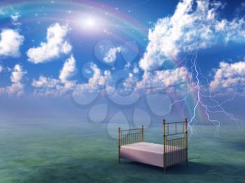 Infinite Dream. Bed in fantasy landscape