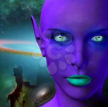 The face of female alien. Colorful universe on a background