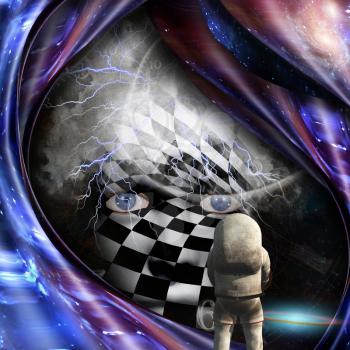 Surrealism and symbolism. Astronaut and Checkered face. 3D rendering