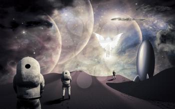 Astronauts on alien planet and their rocket ship  greeted by angelic glowing winged figure. 3D rendering