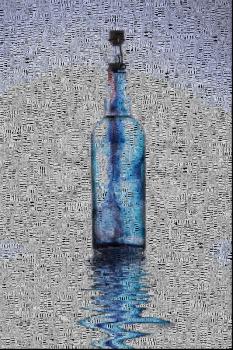 Blue smoke in bottle. Image composed entirely of words. 3D rendering