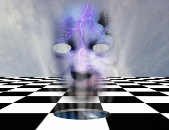 Surrealism. Chessboard with hole to another dimension. Mask with clouds. 3D rendering