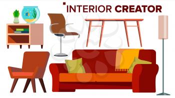 Furniture Creator Vector. Living Room. Modern Chair Objects. Sofa, Armchair, Lamp, Table, Bedside Table Isolated Cartoon Illustration